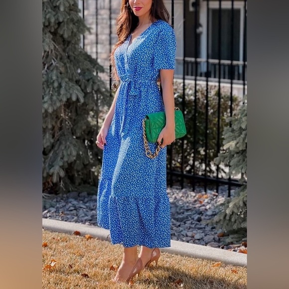 PRETTYGARDEN Floral Boho Short Sleeve V Neck Ruffle A-Line Wrap Maxi Dress M - Picture 5 of 15